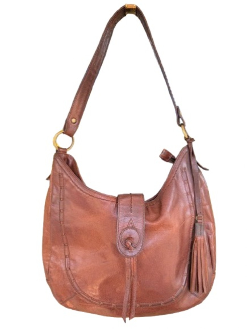 Diba True Women’s Brown Leather Hobo Shoulder Bag Tassel Accent Zip Closure Boho